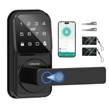 Imagem de Fechadura de porta de entrada sem chave com impressão digital - fechadura digital inteligente com alça, fechadura de teclado eletrônico para porta da frente, maçaneta biométrica, trava automática