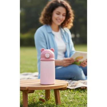 Imagem de Garrafa Térmica Ursinho Infantil 320ml Rosa Aço Inox Canudo - Congratu