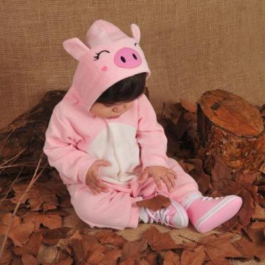 Imagem de Macacão Para Bebê Em Plush Com Capuz Bordado Pig Rosa Claro Cor:Porqui