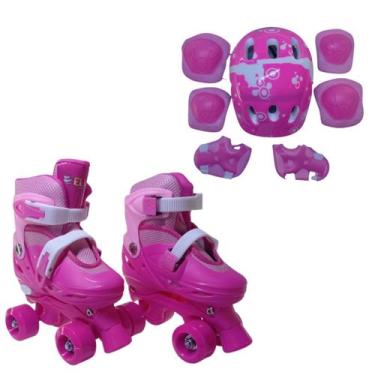 Imagem de Patins 4 Rodas Rosa Com Kit de Proteção Elite Tamanho:32/35