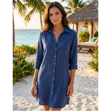 Imagem de Saida de Praia Vestido Chemise Branca Manga Longa 3/4 Dobravel Viscoli
