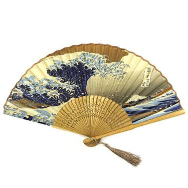 Imagem de Wrapables Ventilador dobrável portátil de seda com borla e manga protetora, Hokusai's The Great Wave