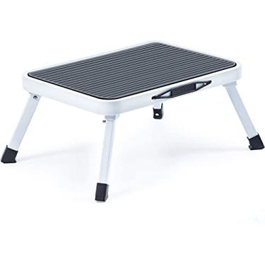 Imagem de Banqueta de degrau dobrável, escada de um degrau com tapete de borracha antiderrapante, banco de cozinha de aço leve, comporta até 150 kg (branco)