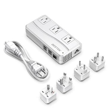 Imagem de BESTEK Adaptador universal de viagem 220 V para 110 V conversor de tensão com carregamento USB de 4 portas 6A e adaptador de plugue mundial do Reino Unido/AU/EUA/UE (branco)