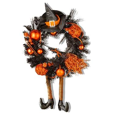 Imagem de Guirlanda de Halloween com luzes led, guirlanda de decoração de halloween porta pendurada para porta da frente - 18 polegadas com pernas de chapéu de bruxa guirlanda de chapéu de bruxa,A,40 * 75cm