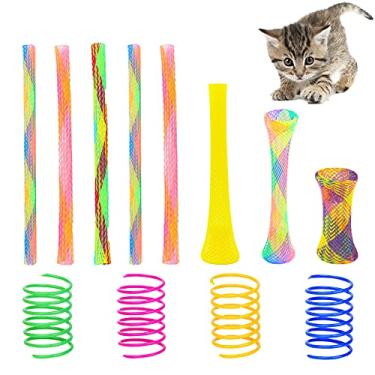 Imagem de Conjunto de brinquedos de mola para gato com 55 peças, brinquedo colorido de mola de gato e tubo de gato, brinquedo interativo para gatos internos, espiral de bobina de plástico flexível para gatos para bater, morder, caçar (cor aleatória)