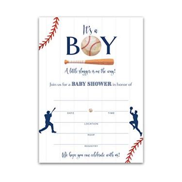 Imagem de Convites para chá de bebê BASEBALL — Pacote com 25 — Convites de chá de bebê para meninos em branco, convite para chá de bebê esportivo Blue Little Slugger, convite para chá de bebê, All Star Sport Invite SKU I900-INV1