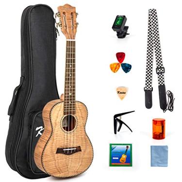 Imagem de Kmise Ukulele de concerto de 58 cm, ukelele Okoume rígido e leve, ukulele Tiger Flame para adultos iniciantes, crianças com bolsa Uke Gig Bag, afinador, alça, cordas de substituição, palhetas de capo,