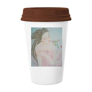 Imagem de Caneca de cerâmica com pássaro estilo chinês aquarela café bebendo vidro cerâmica copo tampa