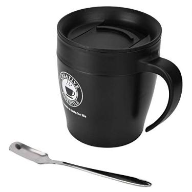 Imagem de Yencoly Caneca de café com colher e tampa, caneca de café isolada de aço inoxidável copo de água com colher e tampa para escritório, viagem, utensílios de cozinha, caneca de café isolada (preto)