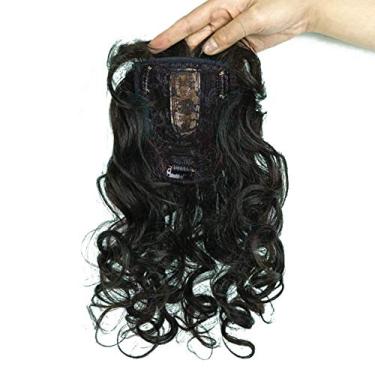 Imagem de Topper de 11"ondulado sem costura para cabelo humano Simulação de topper de divisão intermediária com presilha de franja fina em peruca preta
