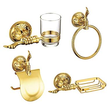 Imagem de Acessórios para banheiro Anel de toalha para montagem na parede Suporte para papel higiênico Saboneteira Porta-copo para escova de dentes Conjunto de ferramentas para banheiro Cor dourada, 4 pçs