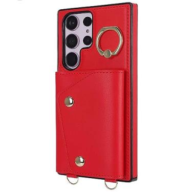 Imagem de LXURY Capa carteira para Samsung Galaxy S23 Ultra/S23 Plus/S23, capa antiarranhões de couro macio durável com alça de ombro com bloqueio de RFID, vermelha, S23 de 6,1 polegadas
