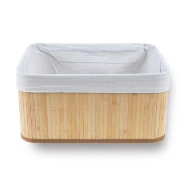 Imagem de Caixa Cesto Retangular Em Bambu Natural com Tecido Linho 24 x 14cm Organização Casa Premium