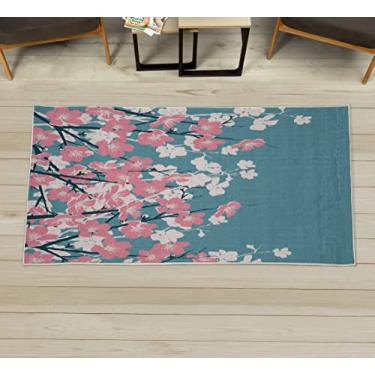 Imagem de Lunarable Tapete decorativo do leste, flores de cerejeira japonesas Sakura Ramos Primavera Flor Jardim Ilustração, Tapete de Qualidade para Quarto Dormitório e Sala de Estar, 60 cm X 12 cm, Turquesa escura