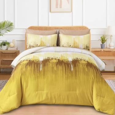 Imagem de Jogo de cama queen size, 7 peças de cama em um saco, arte abstrata colorida, gradiente, microfibra macia, 1 edredom, 1 lençol de cima, 1 lençol com elástico, 2 fronhas, 2 fronhas