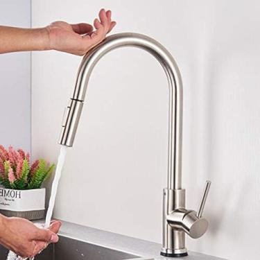 Imagem de Torneiras de cozinha com sensor de toque, torneira de cozinha com pulverizador pull down, torneira de pia ativada por toque de latão, torneira misturadora inteligente de alça única com monta