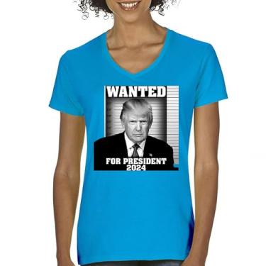 Imagem de Camiseta feminina com gola V Donald Trump Wanted for President 2024 Mugshot MAGA America First Republican Conservative FJB Tee, Turquesa, GG