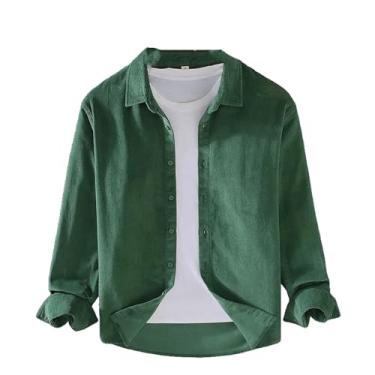 Imagem de Camisa masculina de veludo cotelê primavera outono cor sólida gola virada para baixo camisa masculina manga longa algodão solto, En8, PP