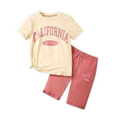 Imagem de SweatyRocks Conjunto de camiseta feminina casual de manga curta e shorts de verão com estampa de letras, Bege e rosa, 9Y