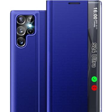 Imagem de Capa de celular para Samsung S24 Ultra, Clear View S24 Ultra com suporte, capa protetora de couro rígido de policarbonato à prova de choque para Samsung Galaxy S24 Ultra 5G (azul)