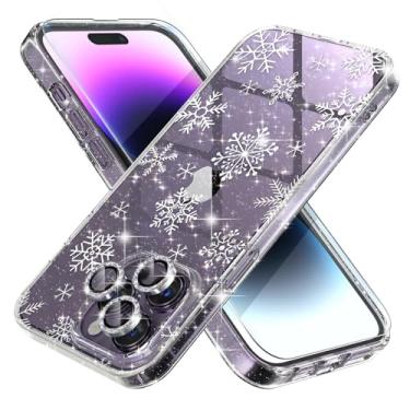 Imagem de Choiche Capa fofa para o Natal iPhone 14 Pro Max, capa feminina brilhante brilhante com glitter, [3 protetores de lente de câmera de diamante] [2 protetores de tela de vidro temperado] 6,7 polegadas (floco de neve com glitter)