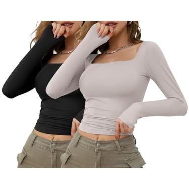 Imagem de VVK Camisetas femininas de manga comprida primavera 2024 camisetas básicas modernas sexy com forro duplo Y2K, 2 - preto + cinza marfim, M