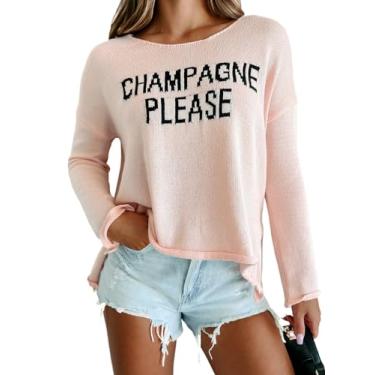 Imagem de CURBODO Suéter feminino fashion 2024 champanhe por favor gráfico manga longa pulôver suéter solto gola redonda moletom de malha tops, Z - rosa, GG