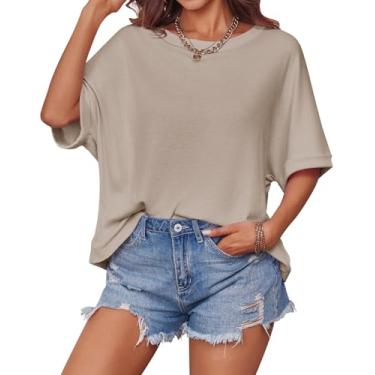Imagem de Imily Bela Camiseta feminina grande casual verão manga curta gola redonda básica, Caqui, M