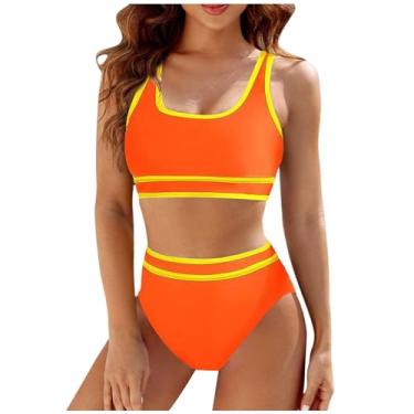 Imagem de Lainuyoah Conjunto de biquíni feminino de cintura alta, conjunto de biquíni de 2 peças, cores contrastantes, atrevidos, de corte alto, A - laranja, P