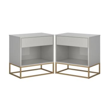 Imagem de Kit 2 Mesas de Cabeceira Lateral Cama Gaveta e Nicho OffWhite Pés de Ferro Dourado