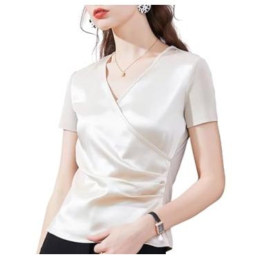 Imagem de Ladies cetim top, cor sólida cruz V-neck camisa de patchwork plissado de manga curta camisa elegante. (BR, Alfa, XGG, Regular, Bege)