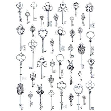 Imagem de Chaveiro de esqueleto vintage, JIALEEY 20 tipos de 40 peças de pingentes de chave de prata antiga para colar pingente DIY joias fazendo suprimentos de casamento lembranças