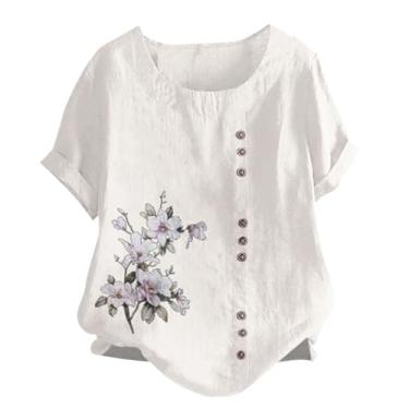 Imagem de Camiseta feminina de algodão e linho, manga curta, gola redonda, casual, solta, blusa floral com botões, Branco, M