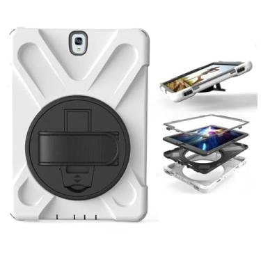 Imagem de Capa de silicone com suporte e alça de pulso giratória segura para crianças capa à prova de choque para Samsung Galaxy Tab S3 SM-T820 T825 9,7 polegadas + caneta (branca)