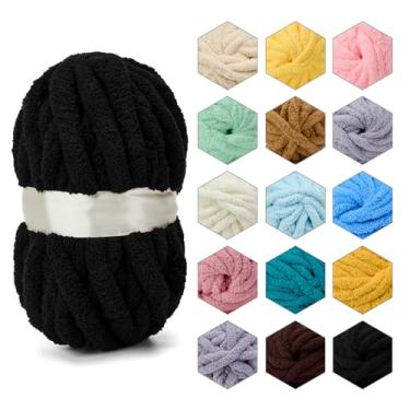 Imagem de ERLYEEN Fio grosso de chenille, super volumoso, macio, fofo, gigante, lavável, poliéster, faça você mesmo, para manta de malha de braço, almofada, sofá, decoração de casa, preto, 1 kg