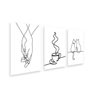 Imagem de Kit 3 Placa Decorativa Quadro Mãos Entrelaçadas Gato Casal Café Linhas