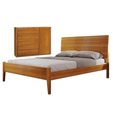 Imagem de Conjunto Quarto de Casal Cama Queen Madeira Maciça e Cômoda 5 Gavetas com Sapateira Unique Amêndoa Mel