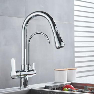 Imagem de Torneira purificada Kithcen dourada/preta/cromada, torneira retrátil com filtro de água, misturador de água quente e fria de 2/3 vias, guindaste para pia, cozinha e bebidas, cromada A