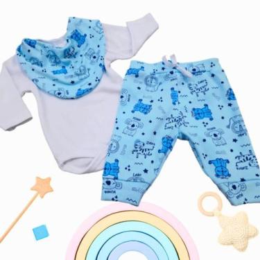 Imagem de Kit body bebê com calça e bandana babador like on safari azul rn ao g,