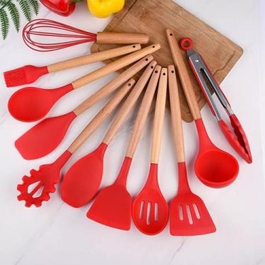 Imagem de Kit 12 Peças De Talheres Silicone Madeira Utensílios Premium - VERMELH