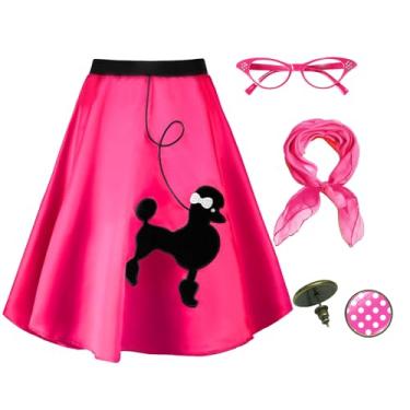 Imagem de Knemksplanet Saias midi poodle femininas dos anos 50, 4 peças, acessórios de fantasia dos anos 50, cachecol e brincos de bolinhas, Rosa choque, M