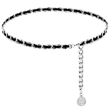 Imagem de HIQUACC Cintos de corrente de couro para mulheres e meninas, cintos de corrente corporal em camadas, corrente de cintura de metal para colete social jeans, Prata e preto 1, M: (Fit Waist 110cm/43.3in)