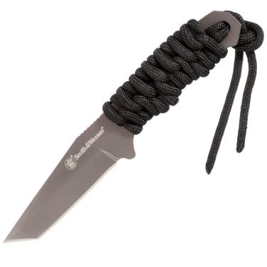 Imagem de Smith & Wesson SW910TAM Faca de pescoço inteiro SS de 15 cm de alto carbono com lâmina Tanto de 7 cm e alça de paracord para atividades ao ar livre, tática, sobrevivência e EDC, preta