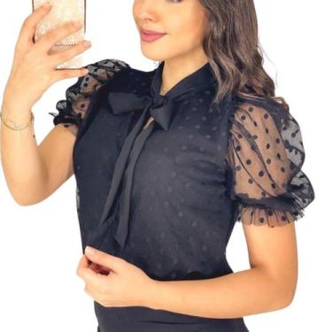 Imagem de Blusa Social Feminina Manga Princesa Tule Poa Com Gola Laço - Look Mod