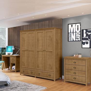 Imagem de Conjunto Quarto: Guarda-Roupa 4 Portas, Escrivaninha, Cômoda 4 Gavetas Topázio Freijó M...