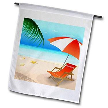 Imagem de 3dRose fl_111556_2 Azul, cena de praia, espreguiçadeira e guarda-chuva, laranja, bandeira branca para jardim, 45,72 x 68,56 cm
