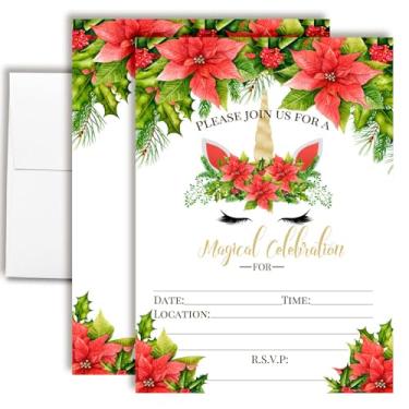 Imagem de Convites de Natal com Envelopes – Rosto de Unicórnio de Natal com Poinsétias Aquarela, Pacote com 8 Cartões de Convite de Enchimento Dupla Face 5x7 com Oito Envelopes Brancos, Perfeito para Festas de