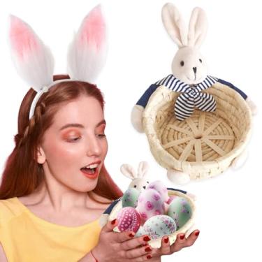 Imagem de Cesta de armazenamento de ovos de coelho da páscoa cesta de suporte de biscoitos doces tigela de doces prato de chocolate ovos sobremesas recipiente decorativo palha tecido cesta para festa, férias,