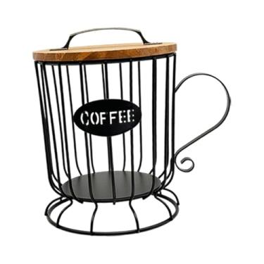 Imagem de IEUDNS Suporte de cápsula de café, decoração moderna de recipiente organizador com tampa de madeira, gaiola de armazenamento de copo para hotel, balcão, bar, Preto, L